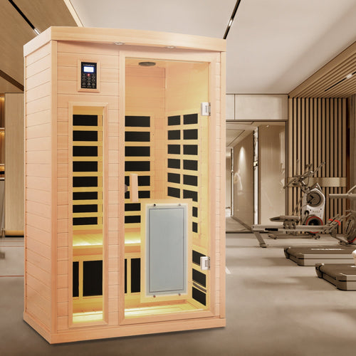 2-Person Compact Indoor Hemlock FAR Infrared Sauna | Low EMF, 8 Panels incl. Glass-Door Heater, 77–149°F