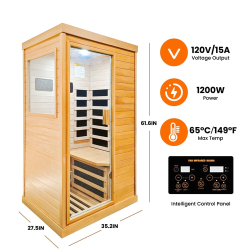 1-Person Hemlock Indoor Infrared Sauna | 6 Heating Plates, Bluetooth & Ambient Lighting