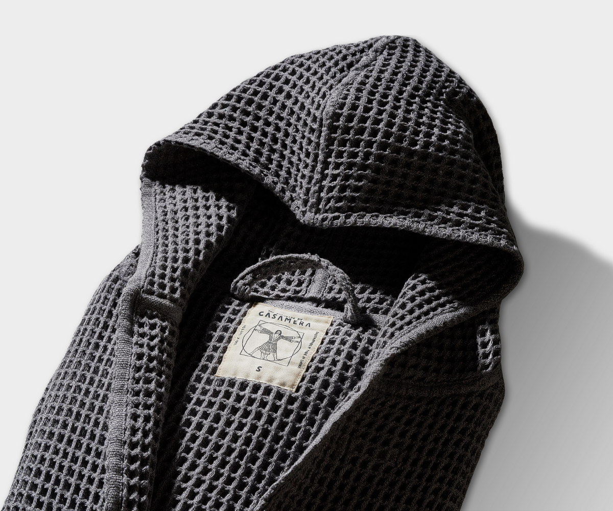 Honeycomb Cotton Hooded Bathrobe | Naturally Dyed, Charcoal