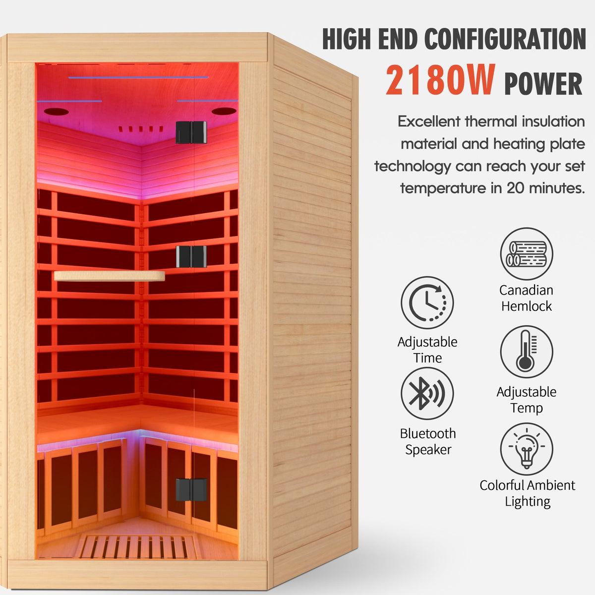 2-Person Canadian Hemlock FAR Infrared Corner Sauna | 9 Heaters, 86–149°F, Bluetooth