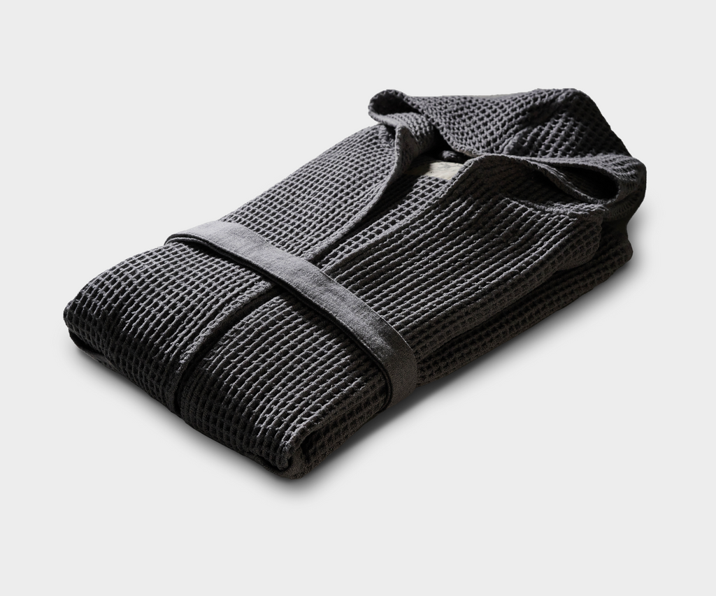 Honeycomb Cotton Hooded Bathrobe | Naturally Dyed, Charcoal