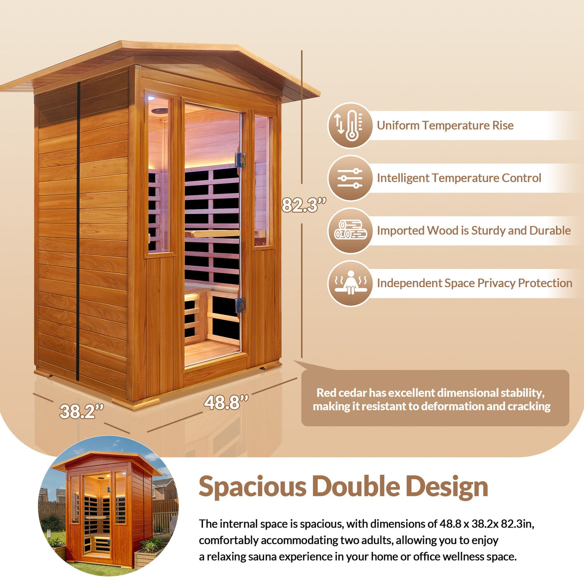 2-Person Outdoor Red Cedar & Canadian Hemlock FAR Infrared Sauna | 8 Heating Panels, Bluetooth, 77–140°F
