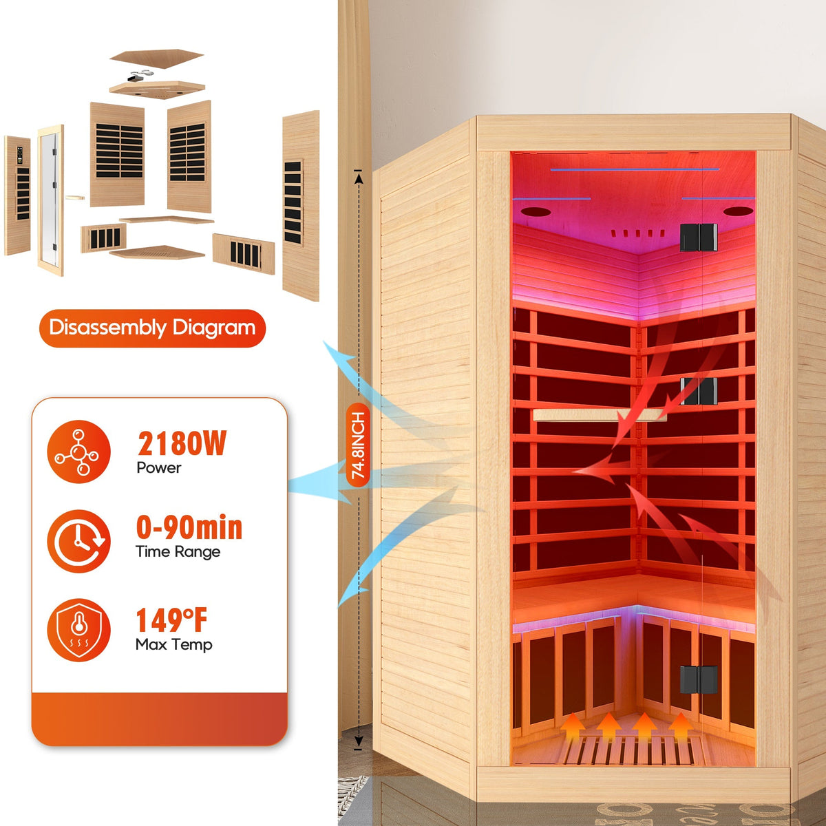 2-Person Canadian Hemlock FAR Infrared Corner Sauna | 9 Heaters, 86–149°F, Bluetooth