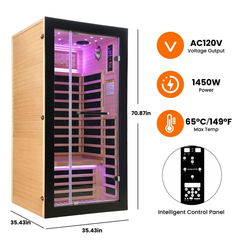 1-Person Hemlock Infrared Sauna | 7 Carbon Heaters, Starlight Ceiling, 149°F