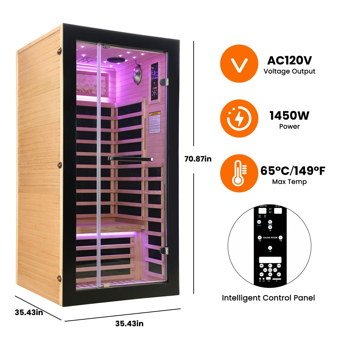 1-Person Hemlock Infrared Sauna | 7 Carbon Heaters, Starlight Ceiling, 149°F