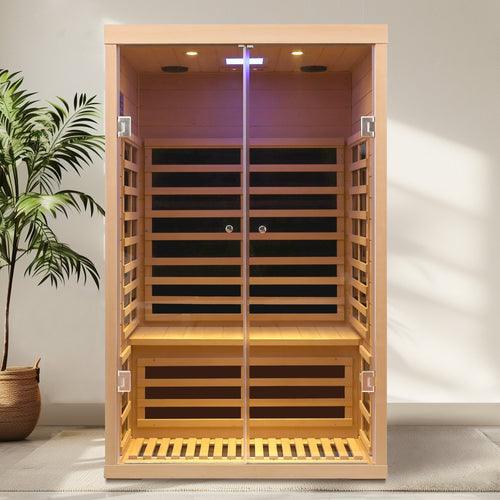 2-Person Indoor Hemlock FAR Infrared Sauna with Double Glass Doors | Low EMF, 7 Heaters, Up to 149°F