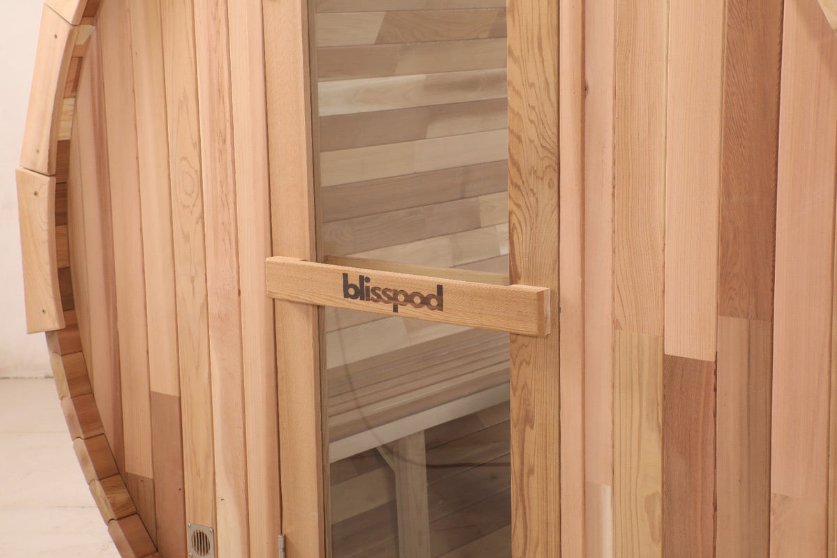 Blisspod Prague 4-Person Outdoor Barrel Sauna | Canadian Red Cedar, Full Glass Back, 32–194°F