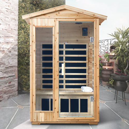 2-Person Outdoor Old Fir FAR Infrared Sauna | 6 Heating Panels, 77–149°F, Bluetooth & LED Lighting
