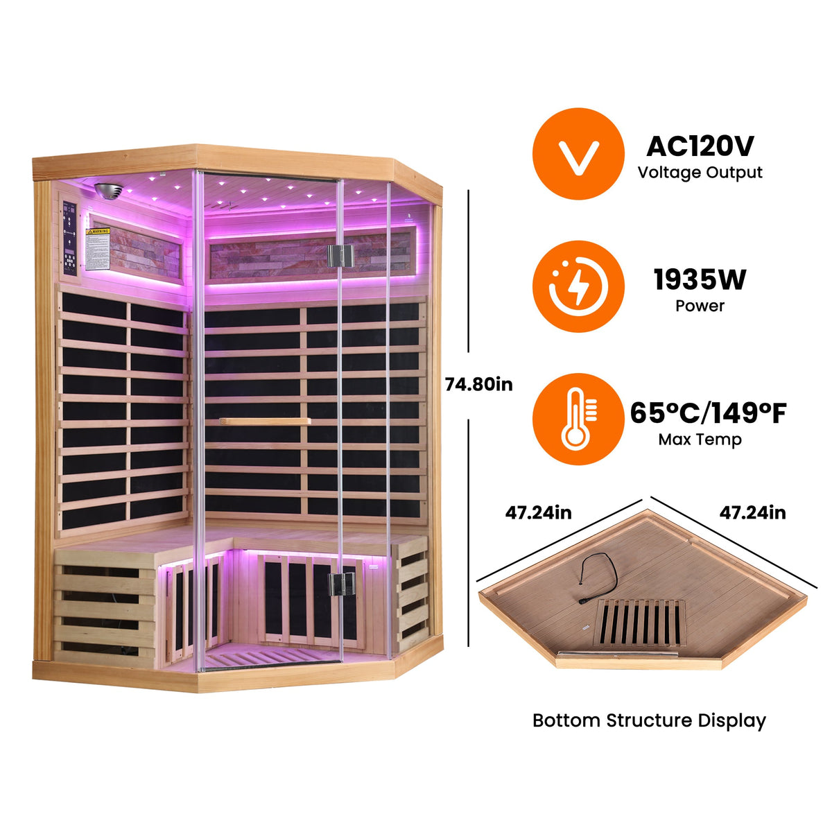 2-Person Canadian Hemlock FAR Infrared Indoor Sauna | 7 Carbon Heaters, Starlight Ceiling, 149°F