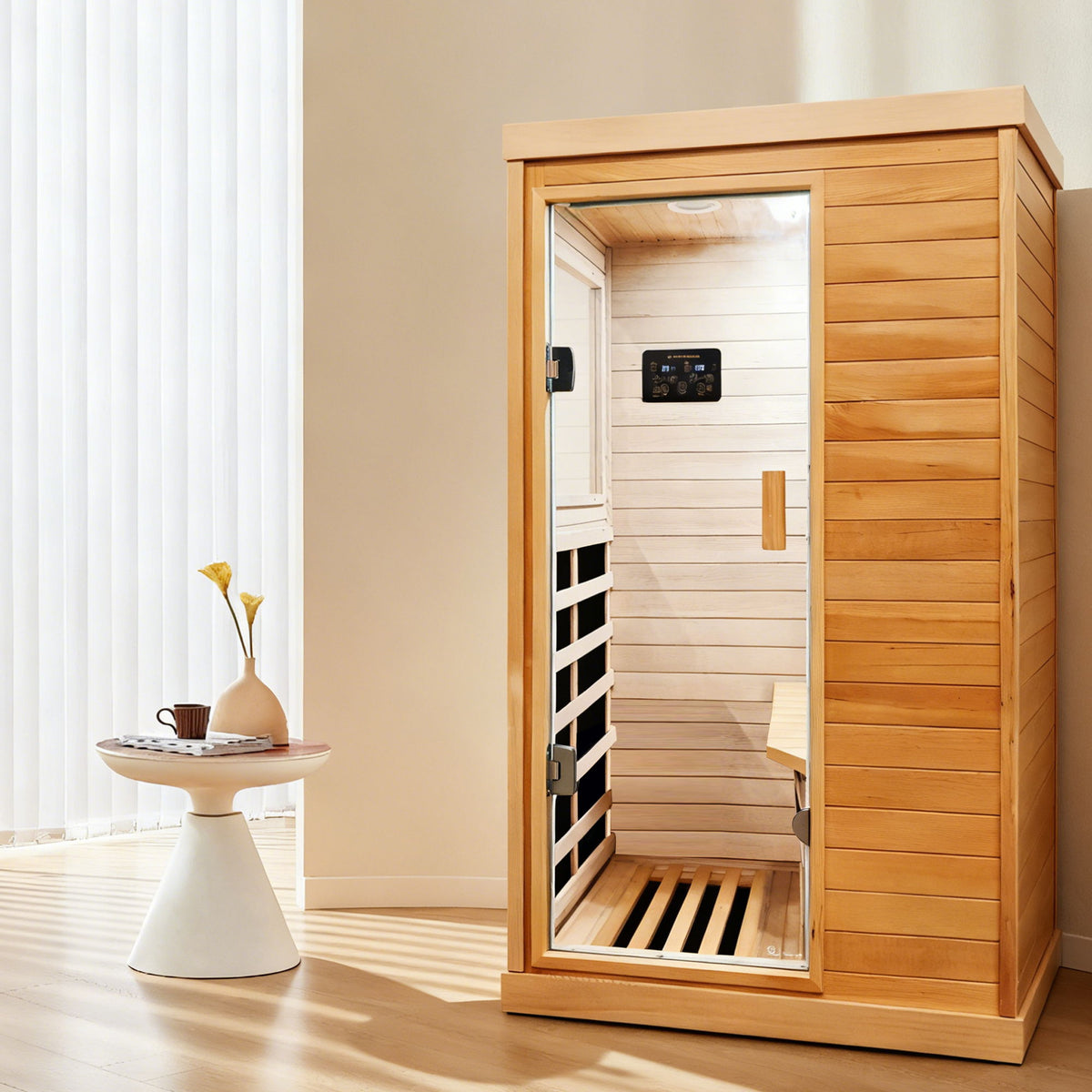 1-Person Hemlock Indoor Infrared Sauna | 6 Heating Plates, Bluetooth & Ambient Lighting