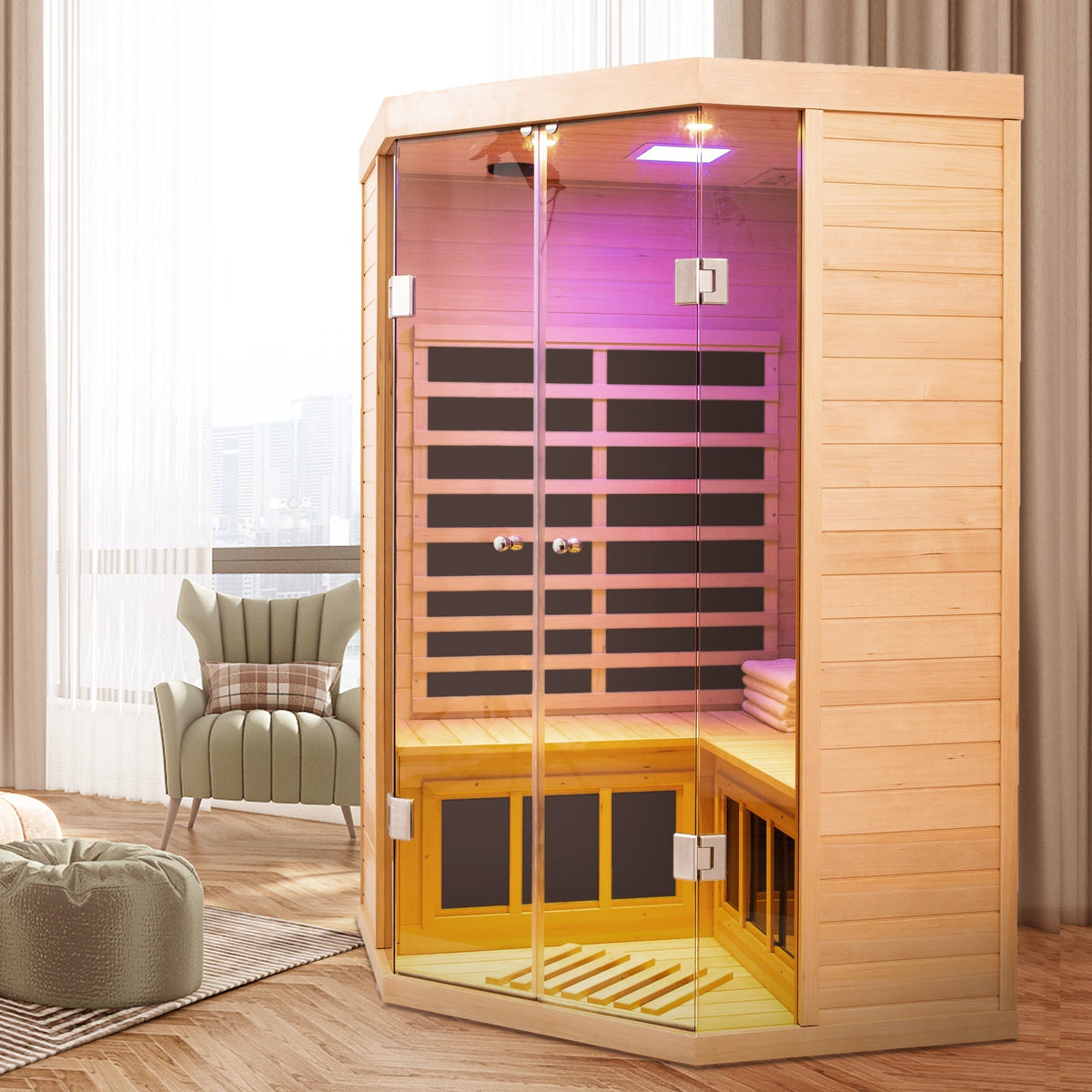 Deluxe Hemlock Far Infrared Corner Sauna Room with Glass Front for Two Persons