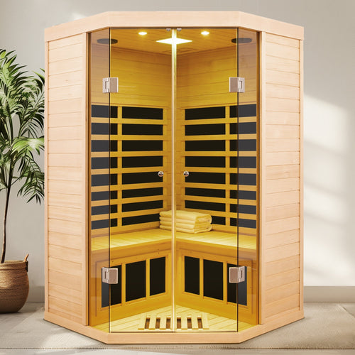 2-Person Indoor Hemlock FAR Infrared Corner Sauna with Panoramic Glass Front | 7 Panels, 77–149°F, App Control