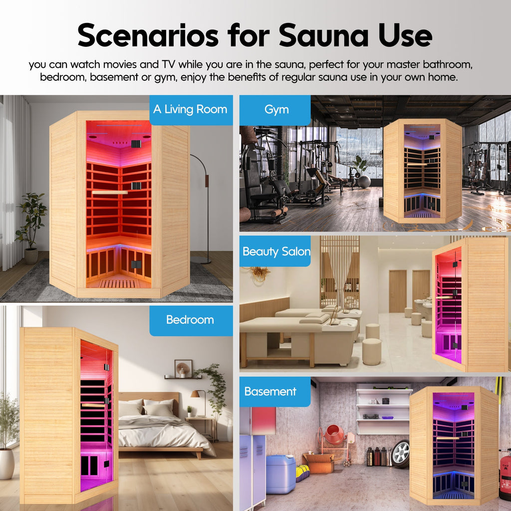2-Person Canadian Hemlock FAR Infrared Corner Sauna | 9 Heaters, 86–149°F, Bluetooth