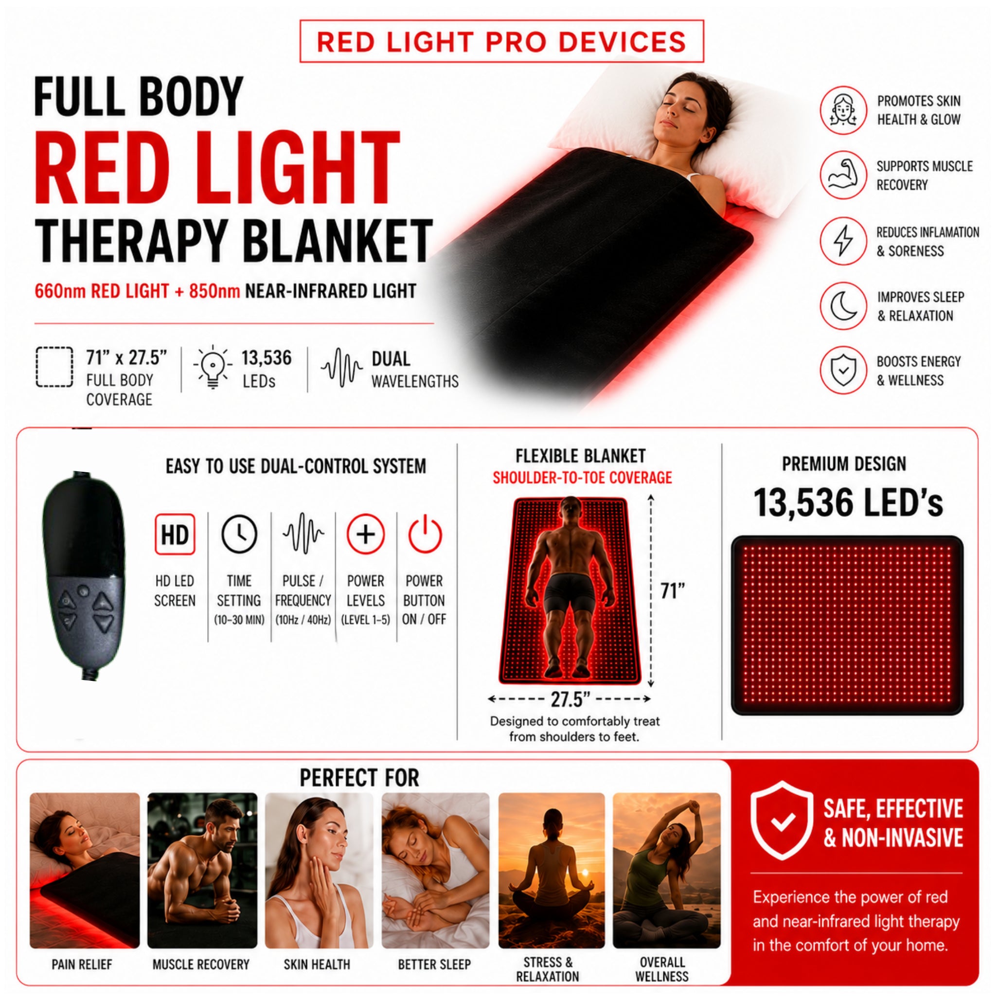Red Light Therapy Blanket – Full Body Coverage | 660nm + 850nm Dual Wavelengths | 13,536 LEDs ___ OUT OF STOCK UNTIL 8/15/2026 PRE-ORDER AND SAVE 15% email info@RedLightProDevices.com for code