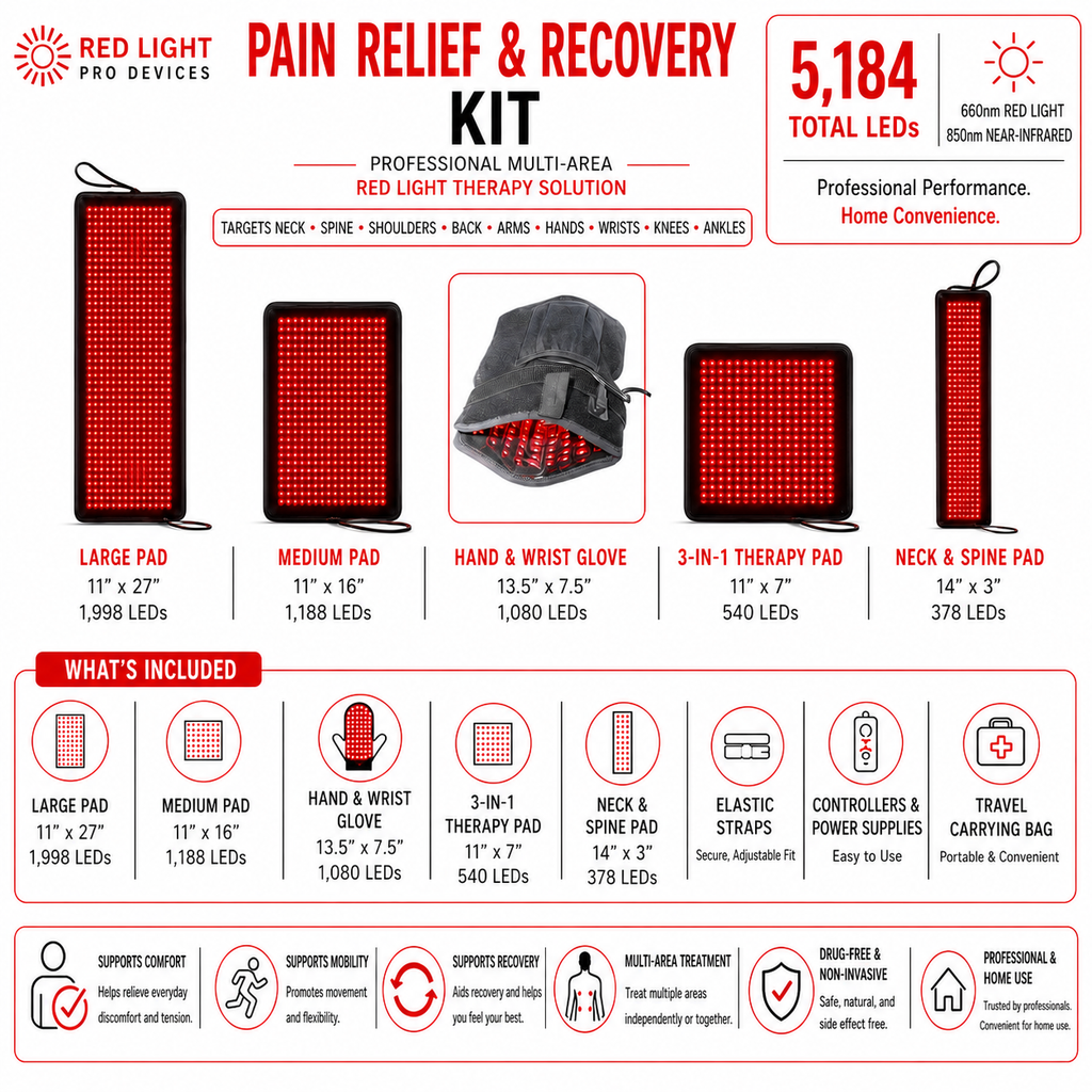 Red Light Pain Relief Kit – 5 Powerful Devices for Full-Body Relief- 5,184 Total LEDs