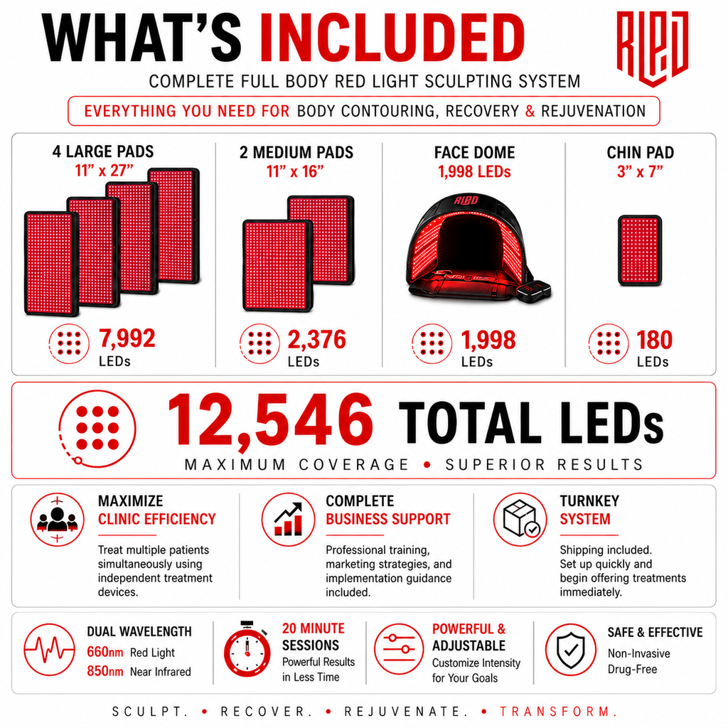 Full Body Red Light Therapy System 12,546 LED's in System. Includes 4 Pads 11" X 27", 2 Pads 11' X 16", 1 Face Dome, 1 Chin Pad