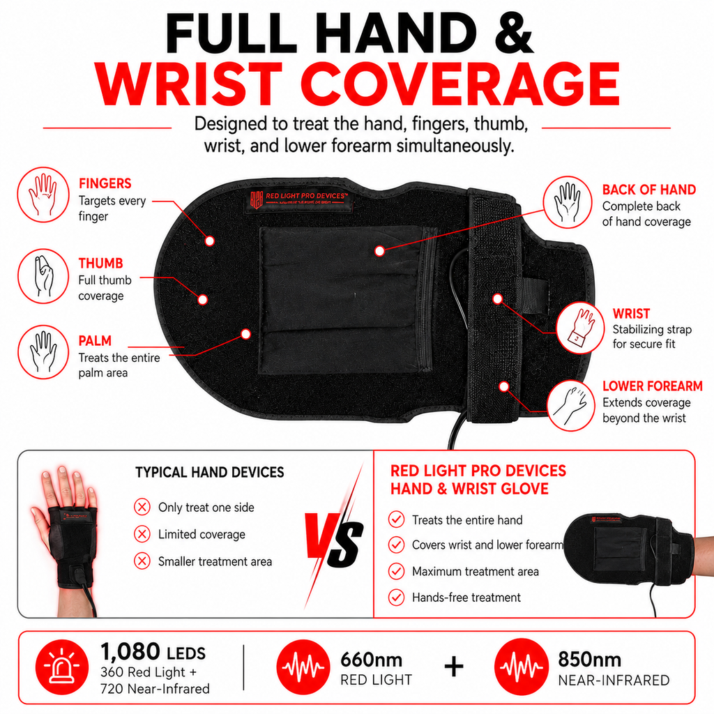 Red Light Therapy Hand & Wrist Glove  13.5" x 7.5"| 1080 High-Power LEDs + 12V Car Adapter
