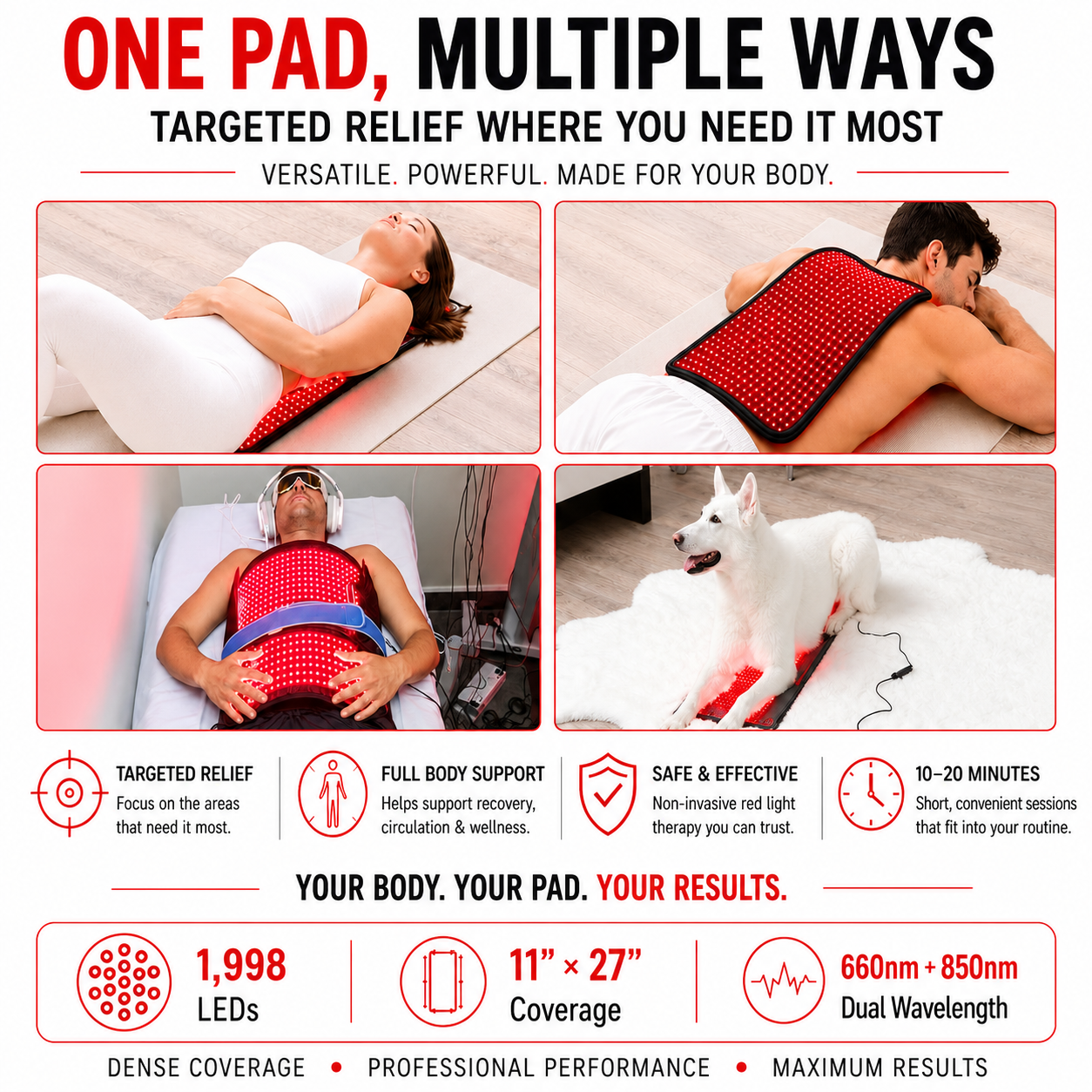 Large Red Light Therapy Pad – 27" x 11" with 1,998 LEDs for Pain Relief & Recovery