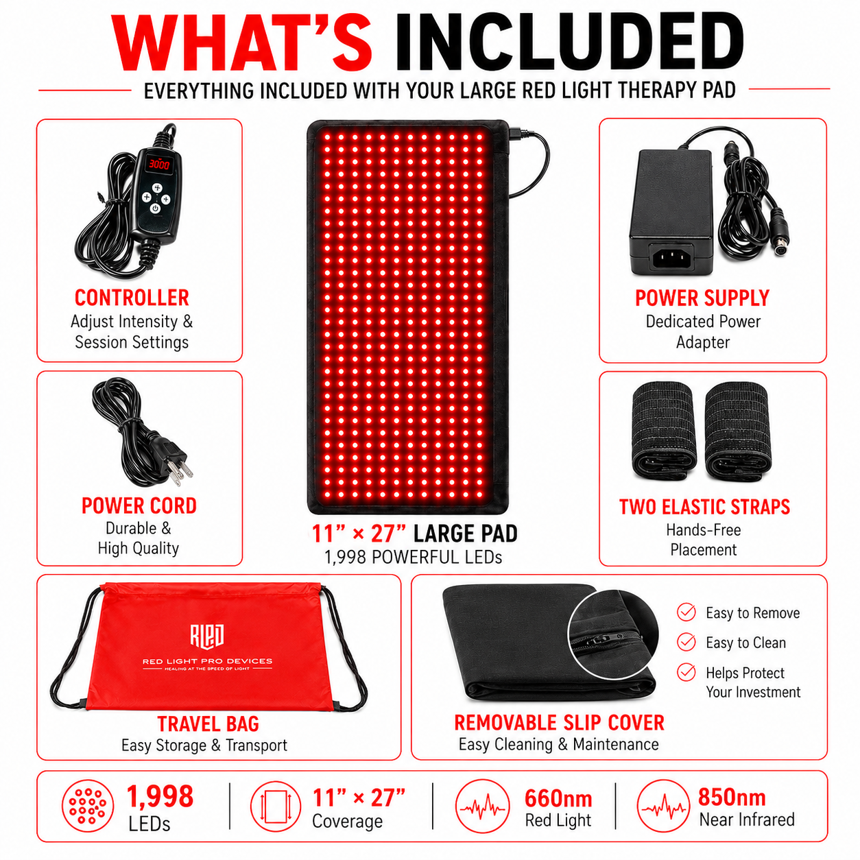 Large Red Light Therapy Pad – 27" x 11" with 1,998 LEDs for Pain Relief & Recovery