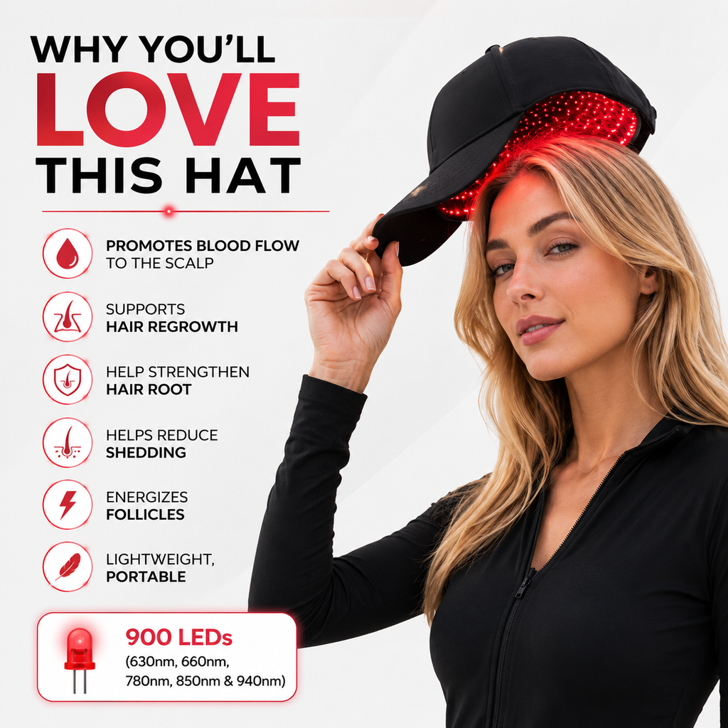 Red Light Therapy Hat | 900 Powerful LEDs | Full Scalp Coverage | 5 Wavelengths | Includes 12V Car Adapter