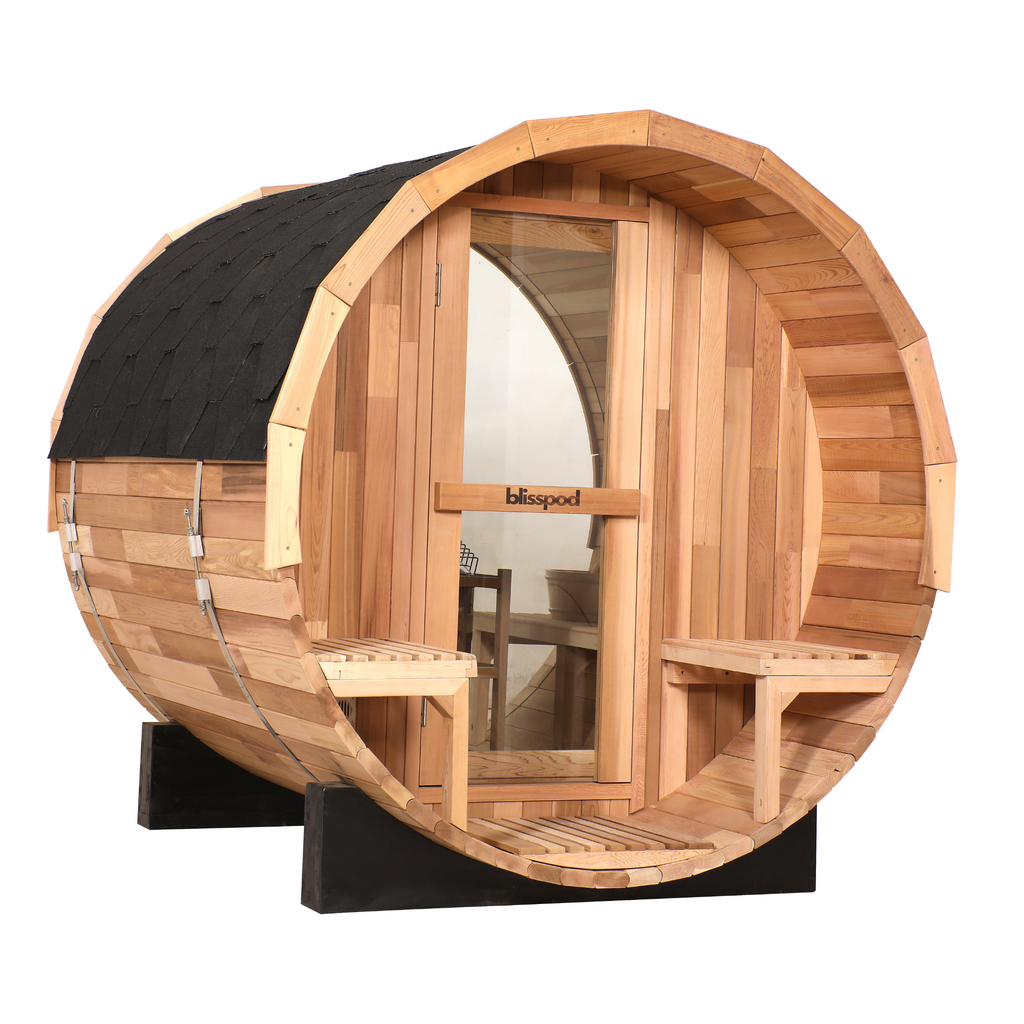Blisspod Prague 2–4 Person Canadian Red Cedar Outdoor Barrel Sauna | Steam Heater + Full Glass Back