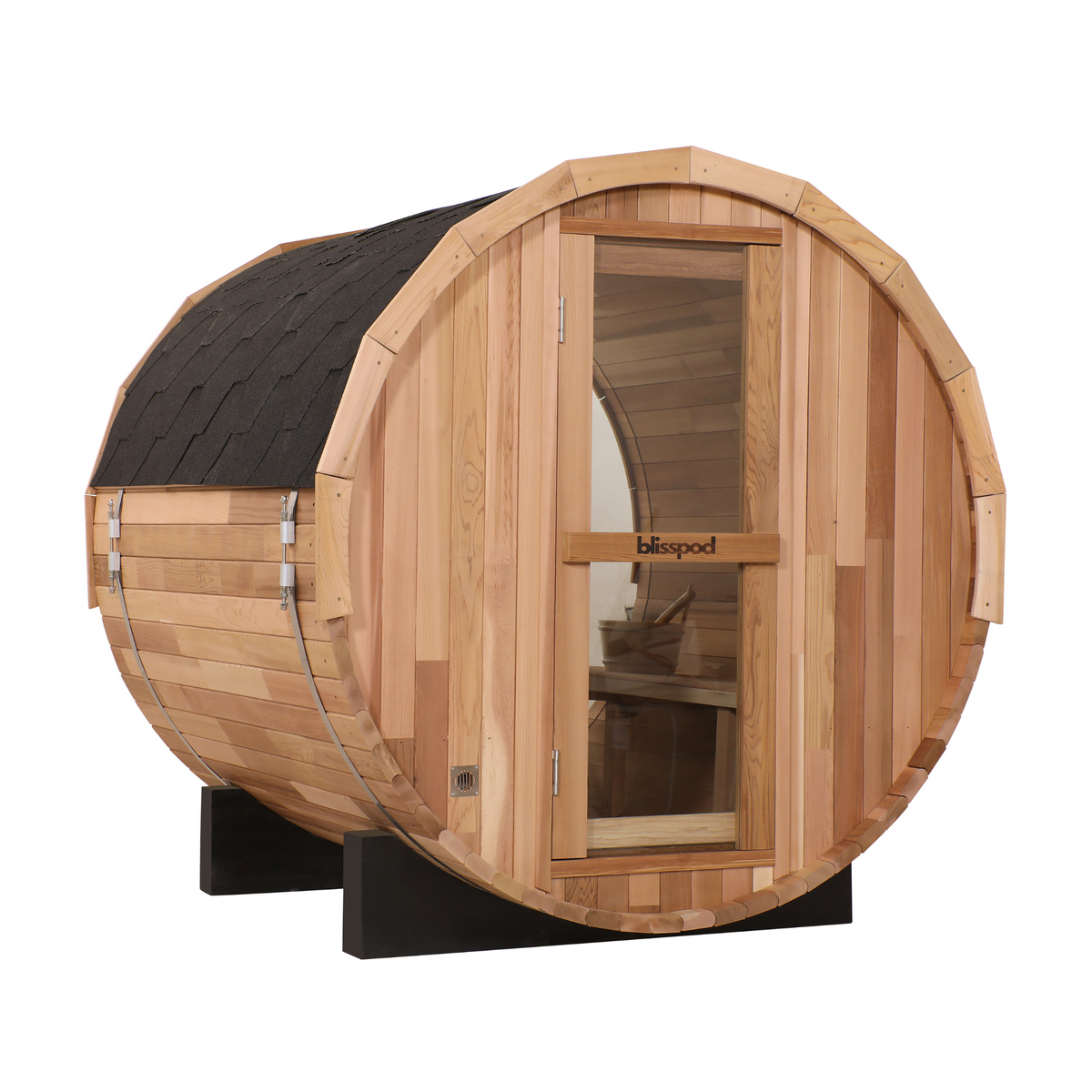 Blisspod Prague 4-Person Outdoor Barrel Sauna | Canadian Red Cedar, Full Glass Back, 32–194°F