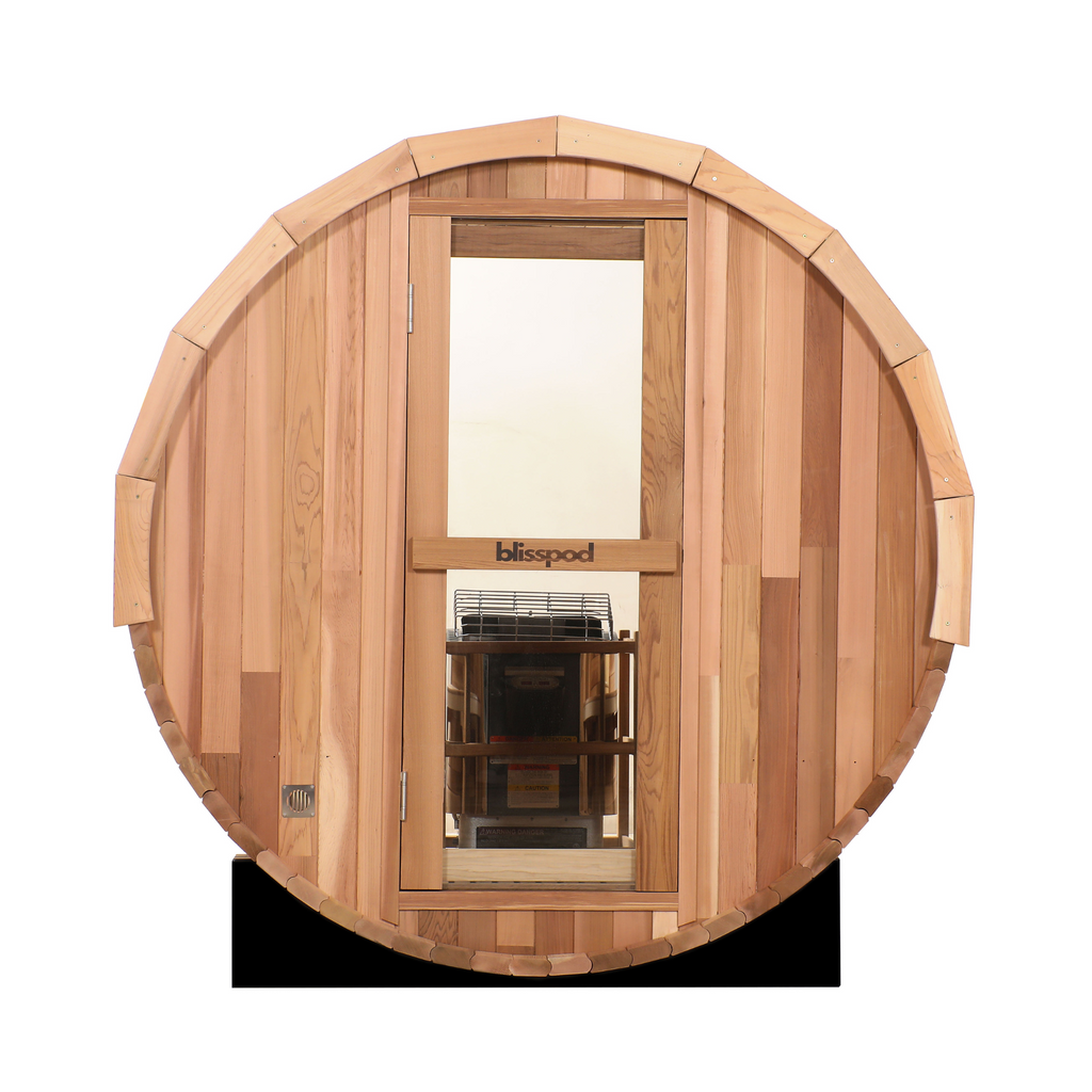 Blisspod Prague 4-Person Outdoor Barrel Sauna | Canadian Red Cedar, Full Glass Back, 32–194°F