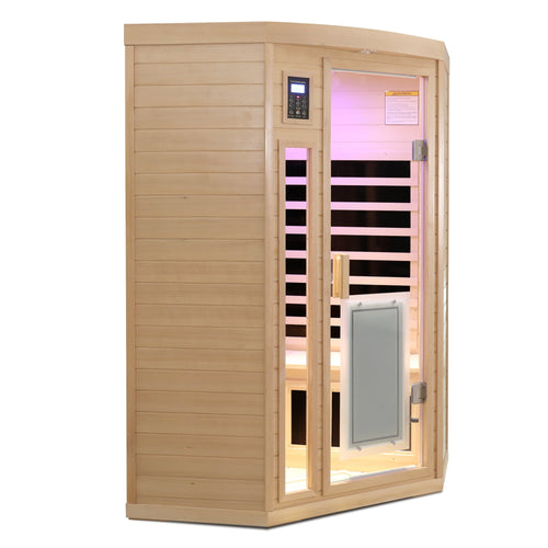 2-Person Indoor Hemlock FAR Infrared Corner Sauna | Low EMF, 8 Panels incl. Glass-Door Heater, 77–149°F