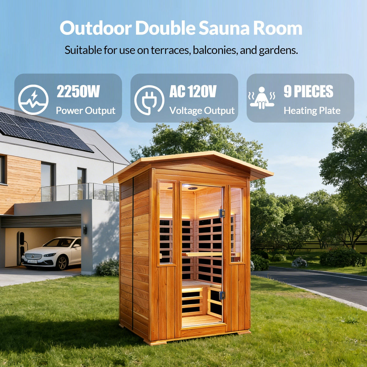 2-Person Outdoor Red Cedar & Canadian Hemlock FAR Infrared Sauna | 8 Heating Panels, Bluetooth, 77–140°F