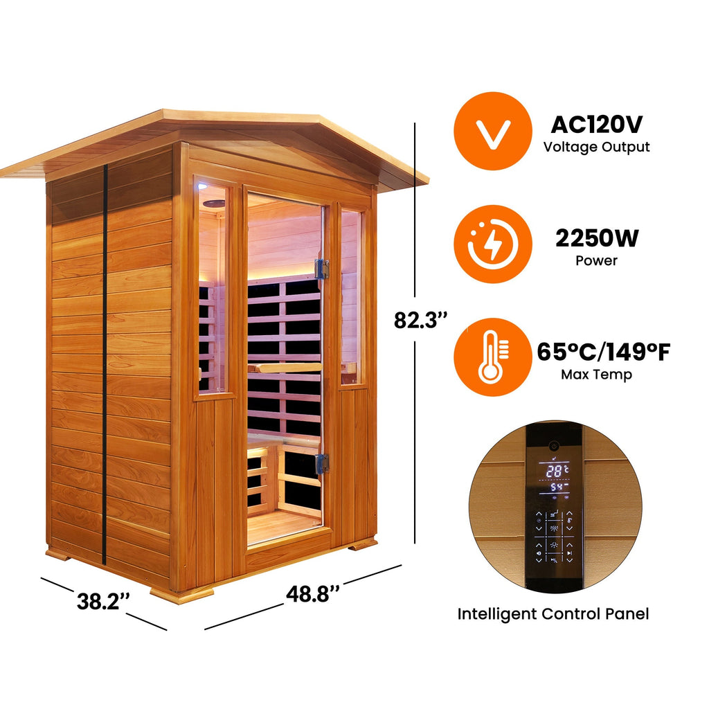 2-Person Outdoor Red Cedar & Canadian Hemlock FAR Infrared Sauna | 8 Heating Panels, Bluetooth, 77–140°F