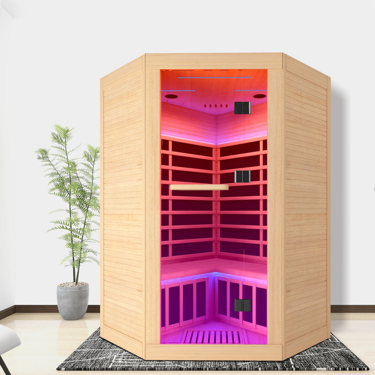 2-Person Canadian Hemlock FAR Infrared Corner Sauna | 9 Heaters, 86–149°F, Bluetooth