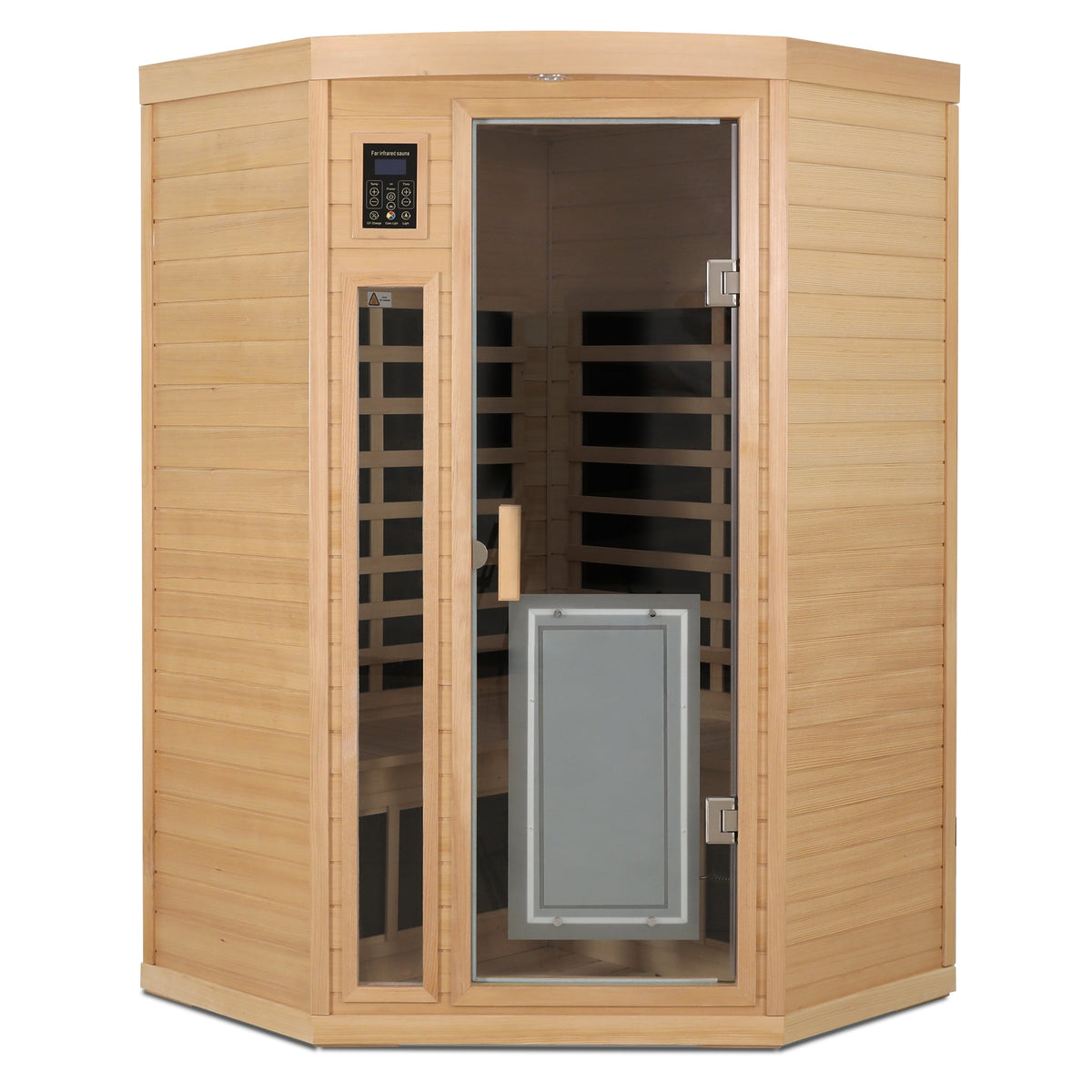 Low EMF, there is also a heating plate on the glass door, can be placed on the pentagon in the corner of the room, Hemlock wood Far-infrared indoor Two person sauna room