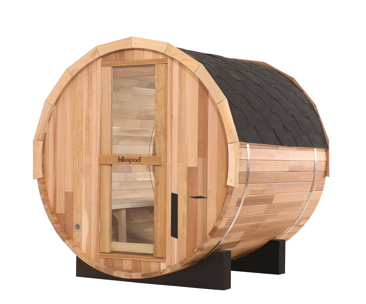 Blisspod Prague 4-Person Outdoor Barrel Sauna | Canadian Red Cedar, Full Glass Back, 32–194°F