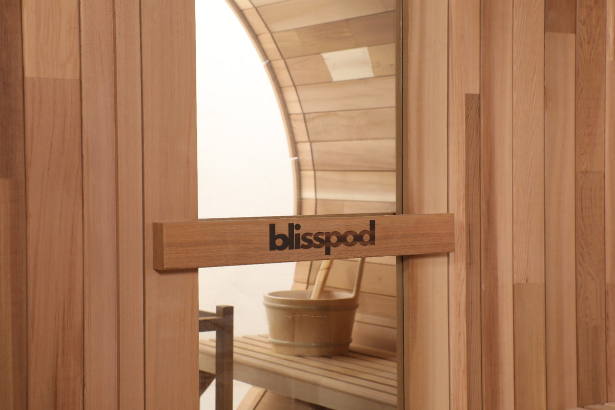 Blisspod Prague 4-Person Outdoor Barrel Sauna | Canadian Red Cedar, Full Glass Back, 32–194°F