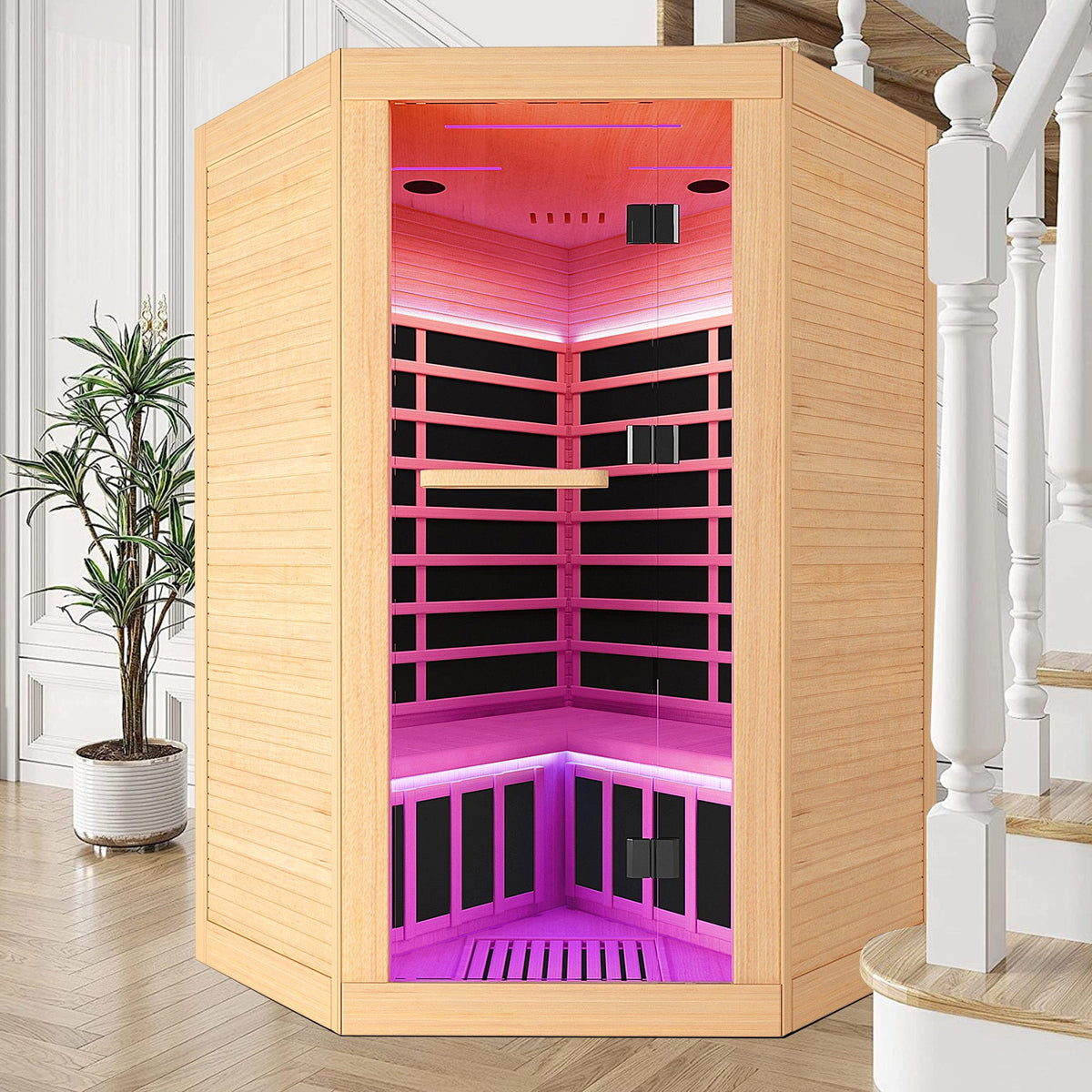 2-Person Canadian Hemlock FAR Infrared Corner Sauna | 9 Heaters, 86–149°F, Bluetooth