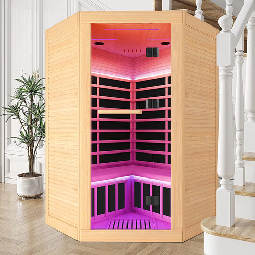 2-Person Canadian Hemlock FAR Infrared Corner Sauna | 9 Heaters, 86–149°F, Bluetooth