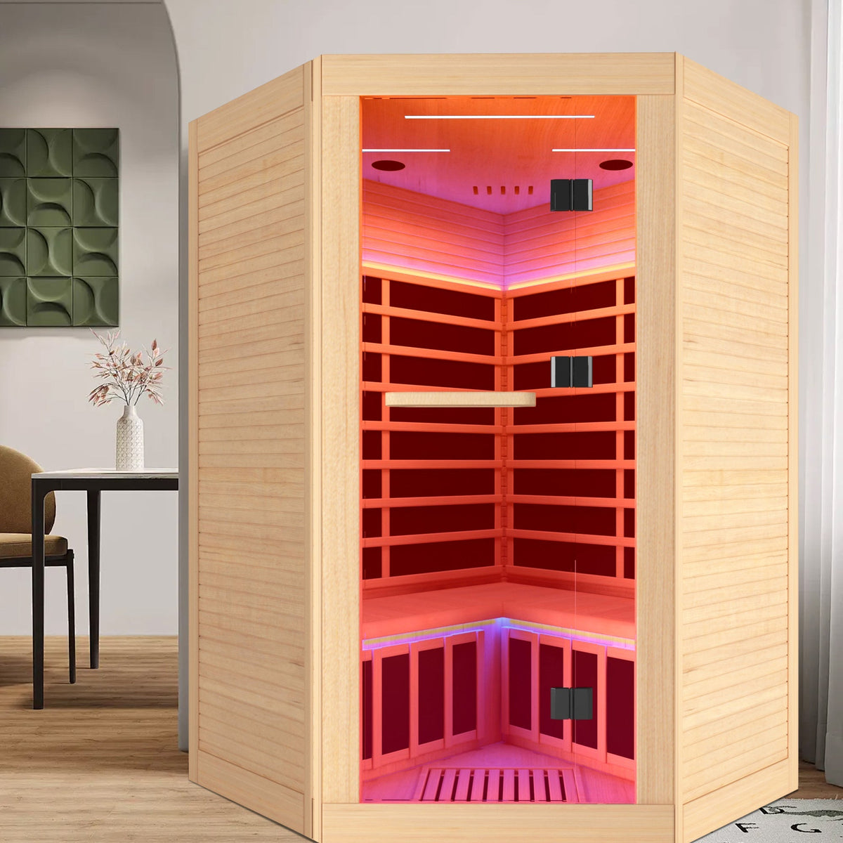 2-Person Canadian Hemlock FAR Infrared Corner Sauna | 9 Heaters, 86–149°F, Bluetooth