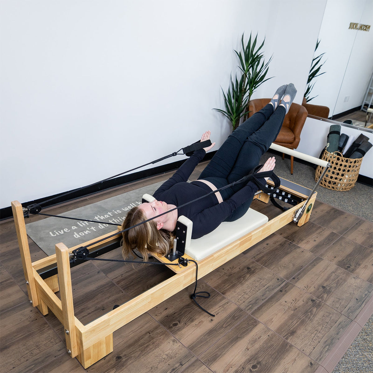 Nano Pro Lite Oak Wood Pilates Reformer – Pink | 5-Spring Home Reformer