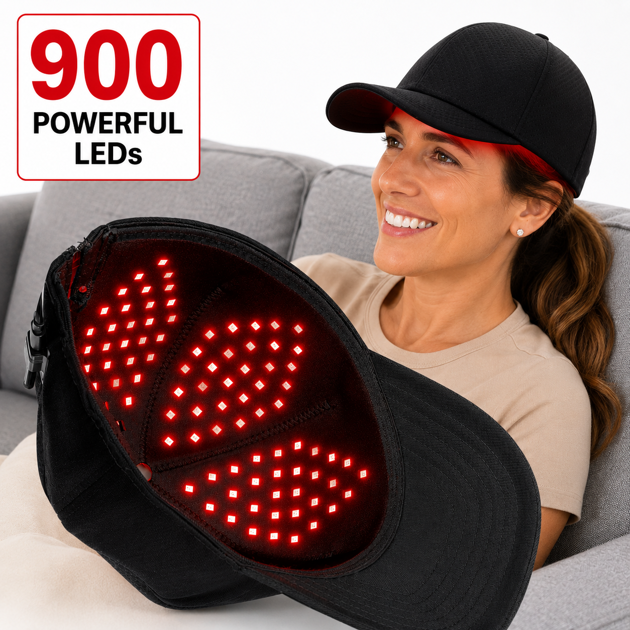 Red Light Therapy Hat | 900 Powerful LEDs | Full Scalp Coverage | 5 Wavelengths | Includes 12V Car Adapter