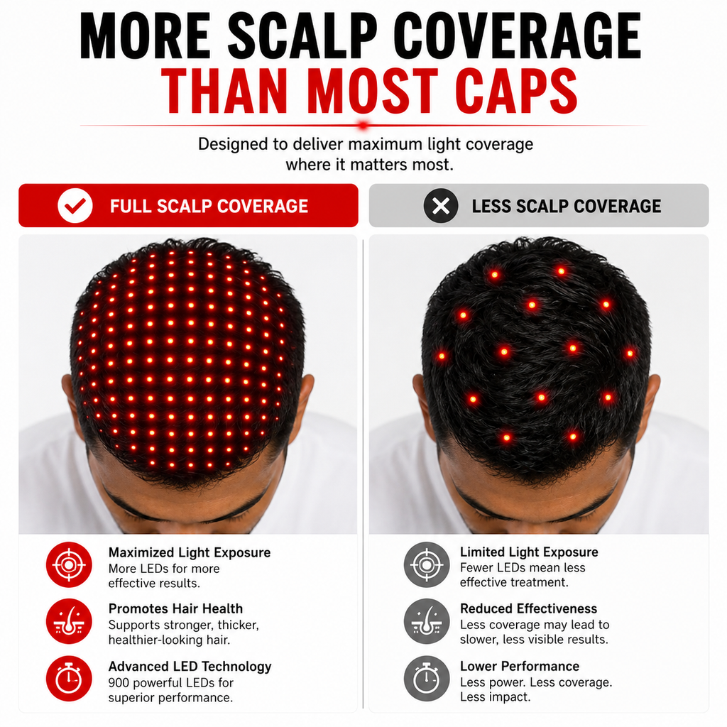Red Light Therapy Hat | 900 Powerful LEDs | Full Scalp Coverage | 5 Wavelengths | Includes 12V Car Adapter